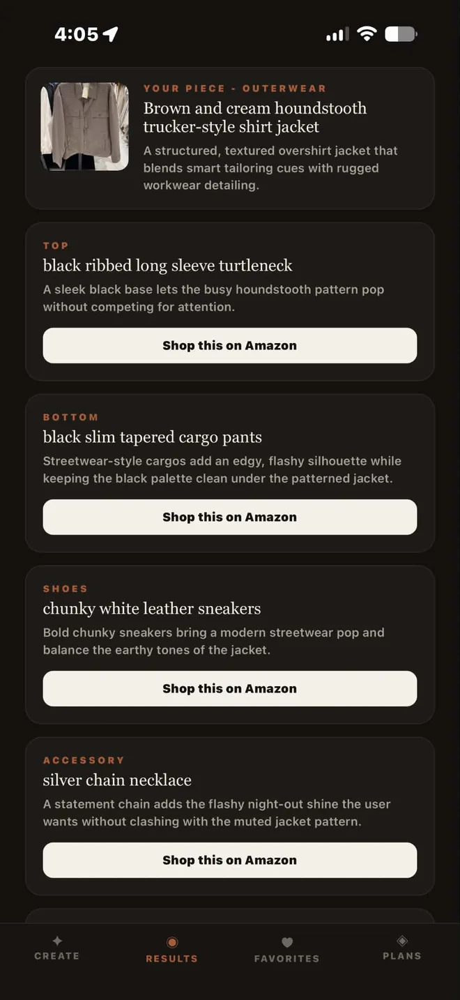 Outfit cards listing each recommended piece with the reason it works