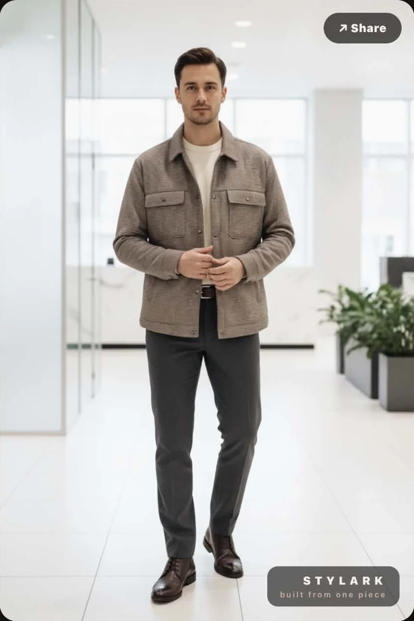 Stylark output: a man wearing the houndstooth jacket with a cream knit, charcoal trousers and brown boots